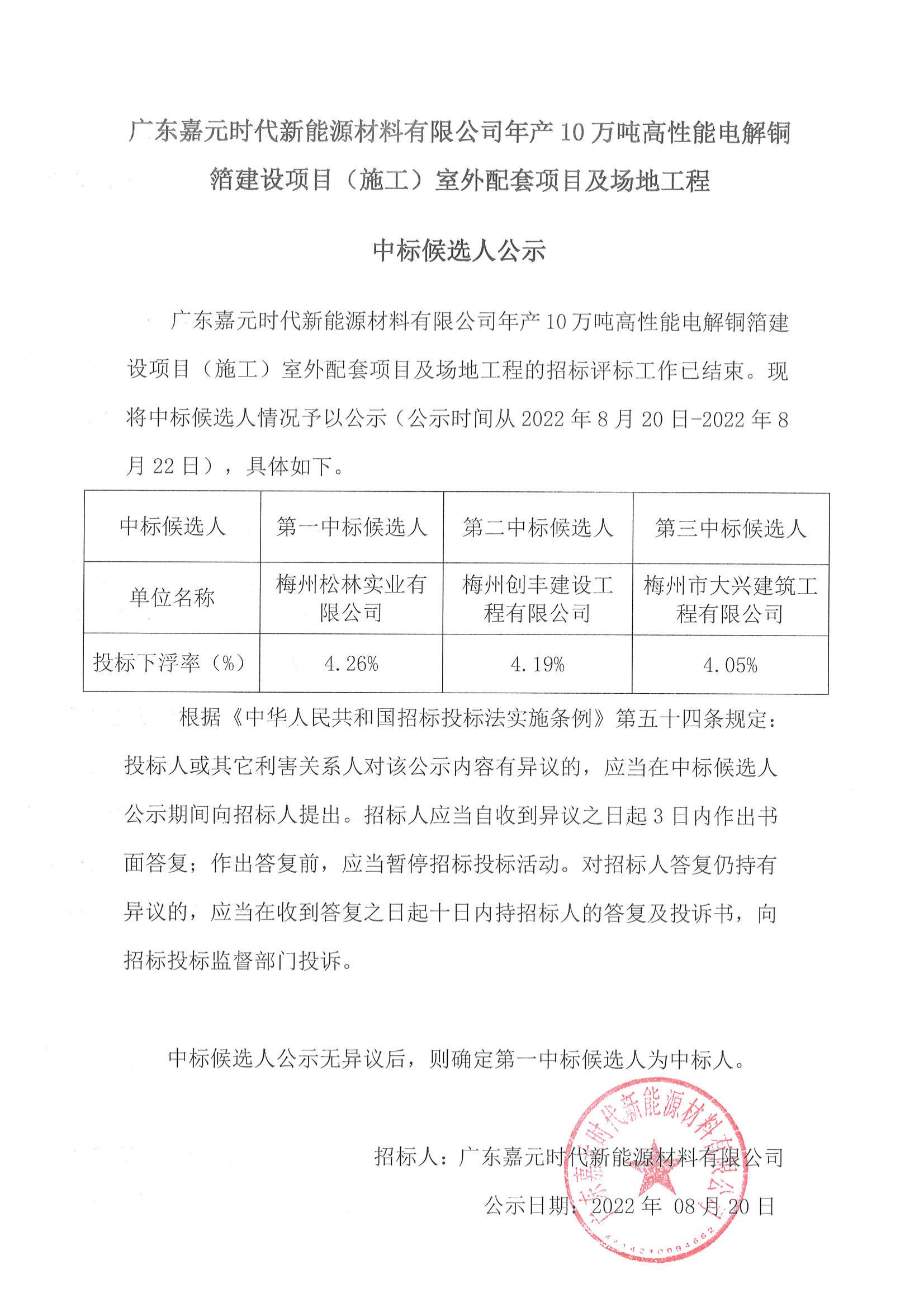 廣東嘉元時代新能源材料有限公司年產(chǎn)10萬噸高性能電解銅箔建設(shè)項目（施工）室外配套項目及場地工程中標(biāo)候選人公示_00.jpg