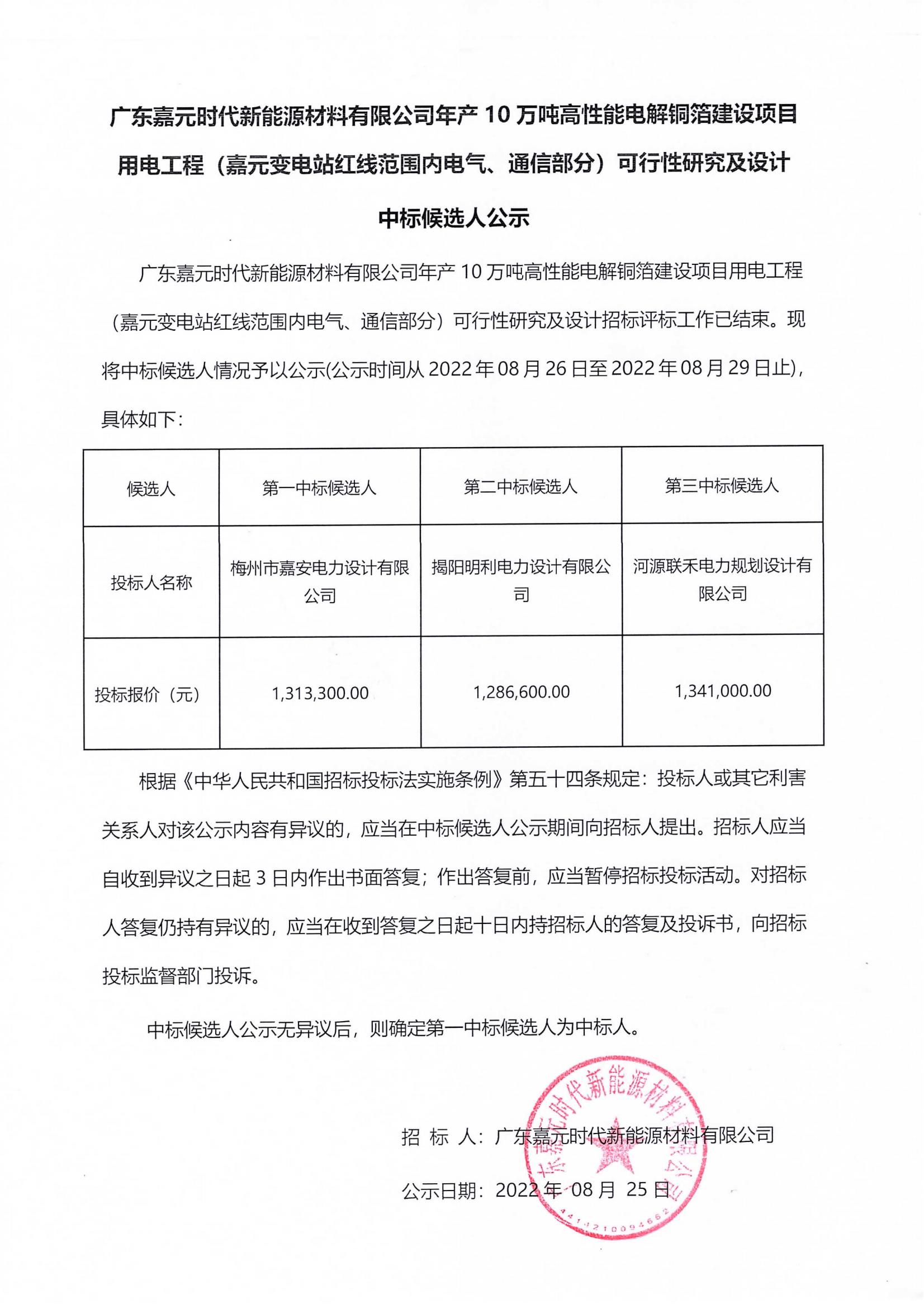 廣東嘉元時代新能源材料有限公司年產(chǎn)10萬噸高性能電解銅箔建設項目用電工程（嘉元變電站紅線范圍內(nèi)電氣、通信部分）可行性研究及設計中標候選人公示_00.jpg